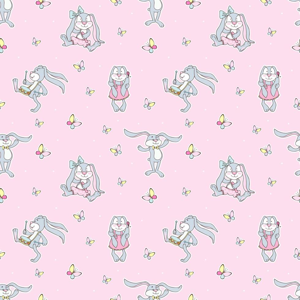 Seamless pattern of cute funny toy rabbits or bunnies. Vector cute pattern for children on a pink background.