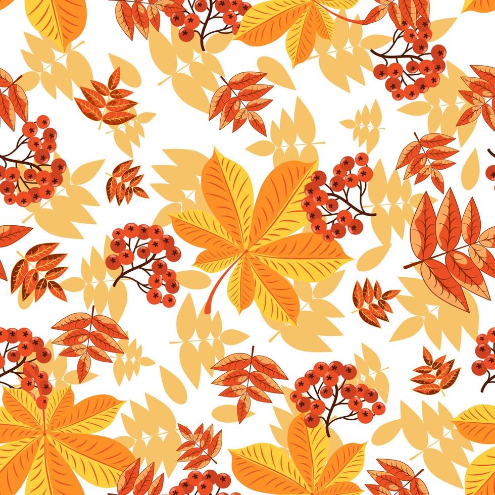 Seamless pattern with red berries and autumn leaves of orange, red and yellow flowers on a white background. For the design of gift paper, patterns, fabric, autumn cards. vector