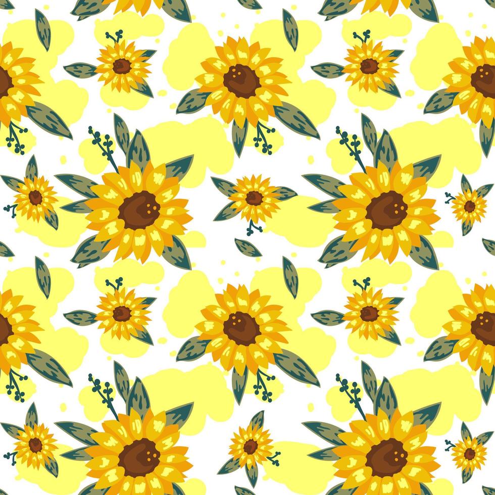 Seamless pattern of yellow flowers on a white background. Vector illustration.