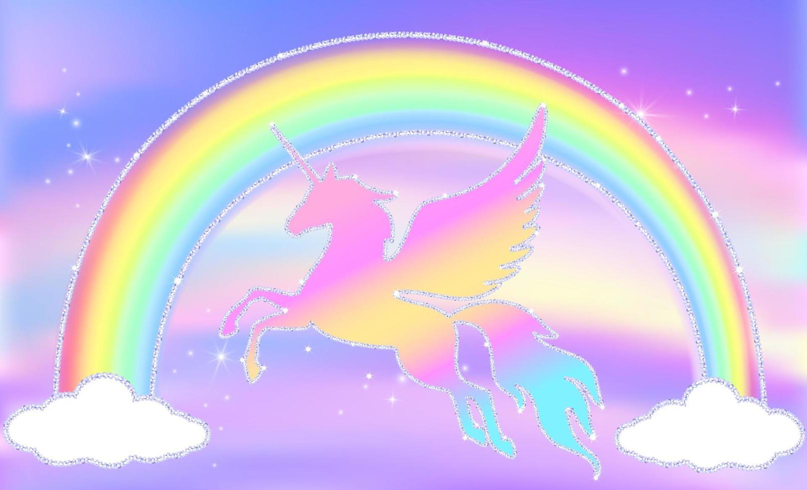 Silhouette of a unicorn on a pink sky with stars, glitter and a rainbow. vector