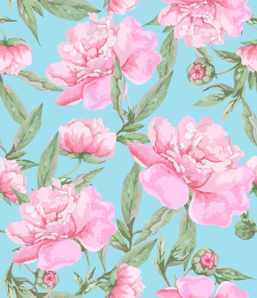 Pink peony flowers with leaves on a blue background. Seamless pattern. Romantic watercolor floral design for greeting cards, fabric print. vector