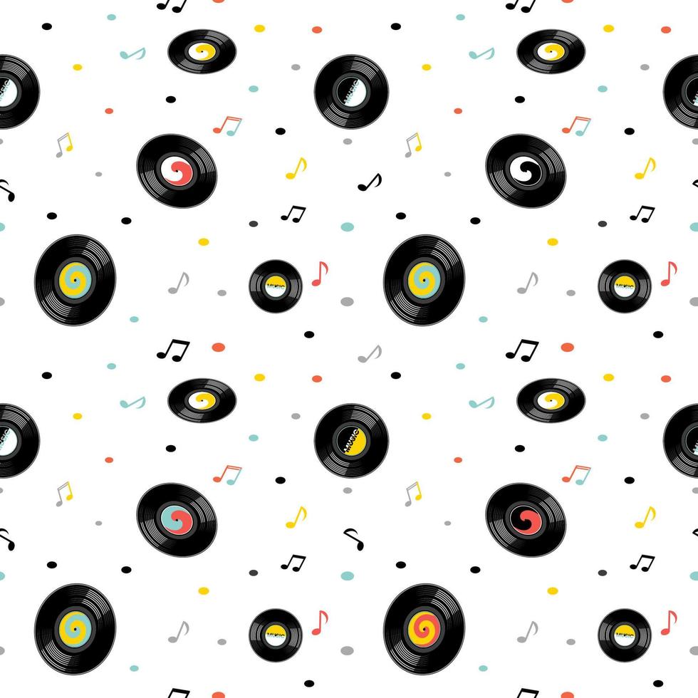 notas musicales y discos de vinilo vintage de patrones sin fisuras. Los elementos del patrón están separados del fondo blanco. vector