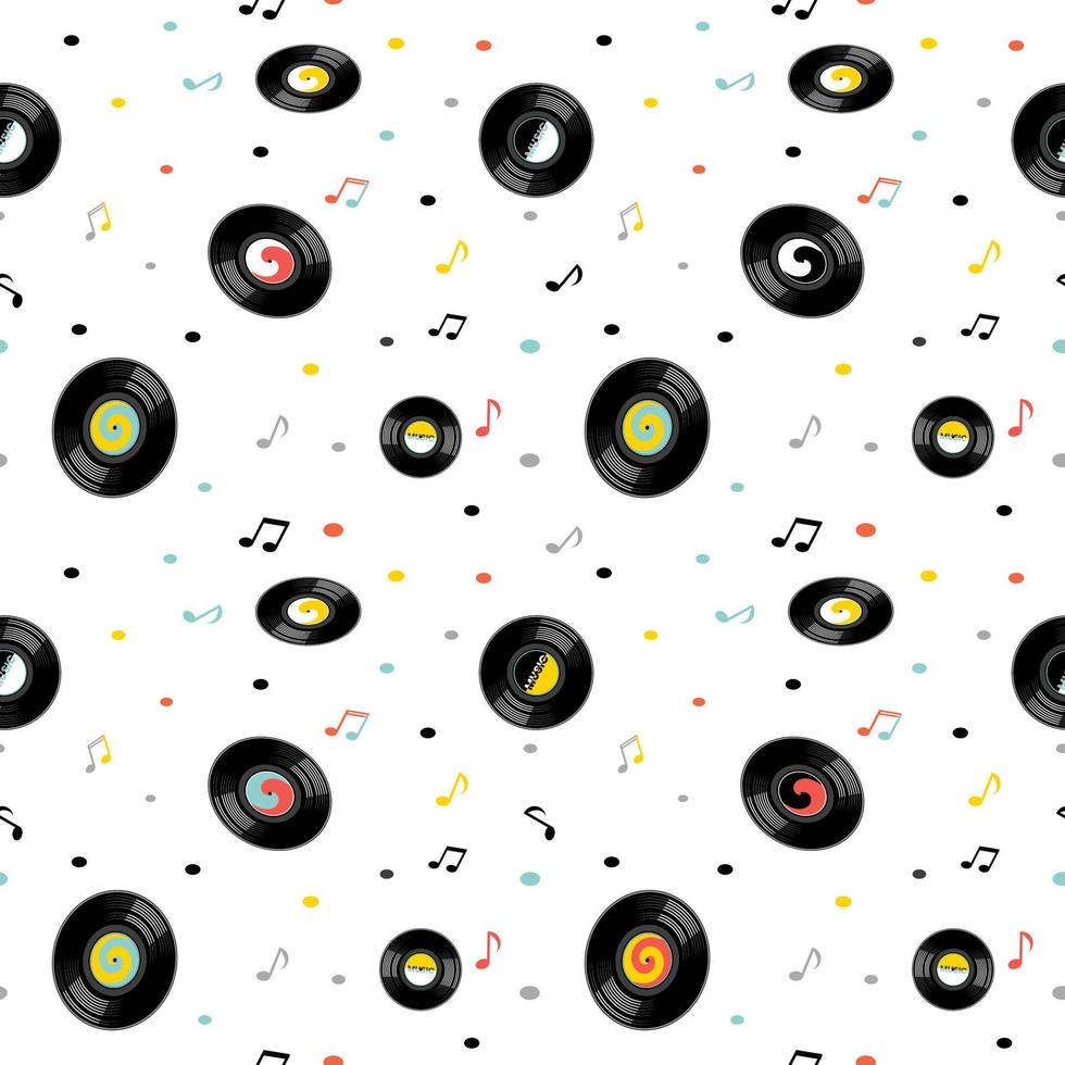 Music notes and vintage vinyl records seamless pattern. Elements of the pattern are separated from the white background. vector