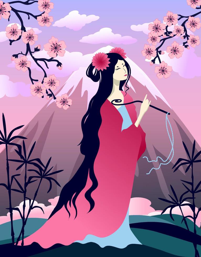 Asian landscape with mountain, bamboo, sakura blossom and girl vector