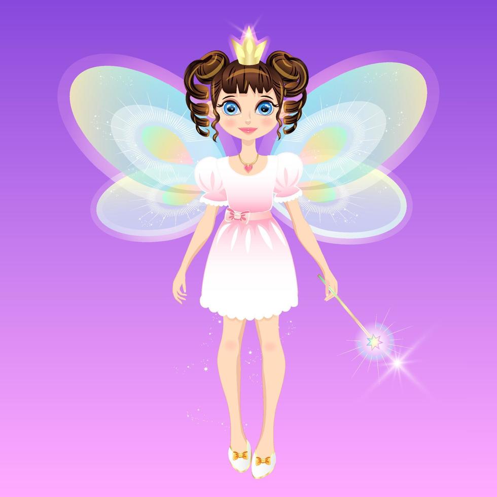Girl wearing a princess crown with wings and a magic wand. Fairy fairy, little sorceress. Image as a design element isolated from the background. vector