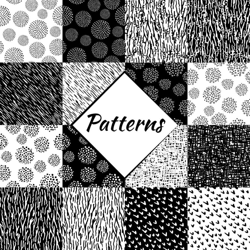 Set of hand-drawn seamless patterns, dots and strokes. Black and white image. vector