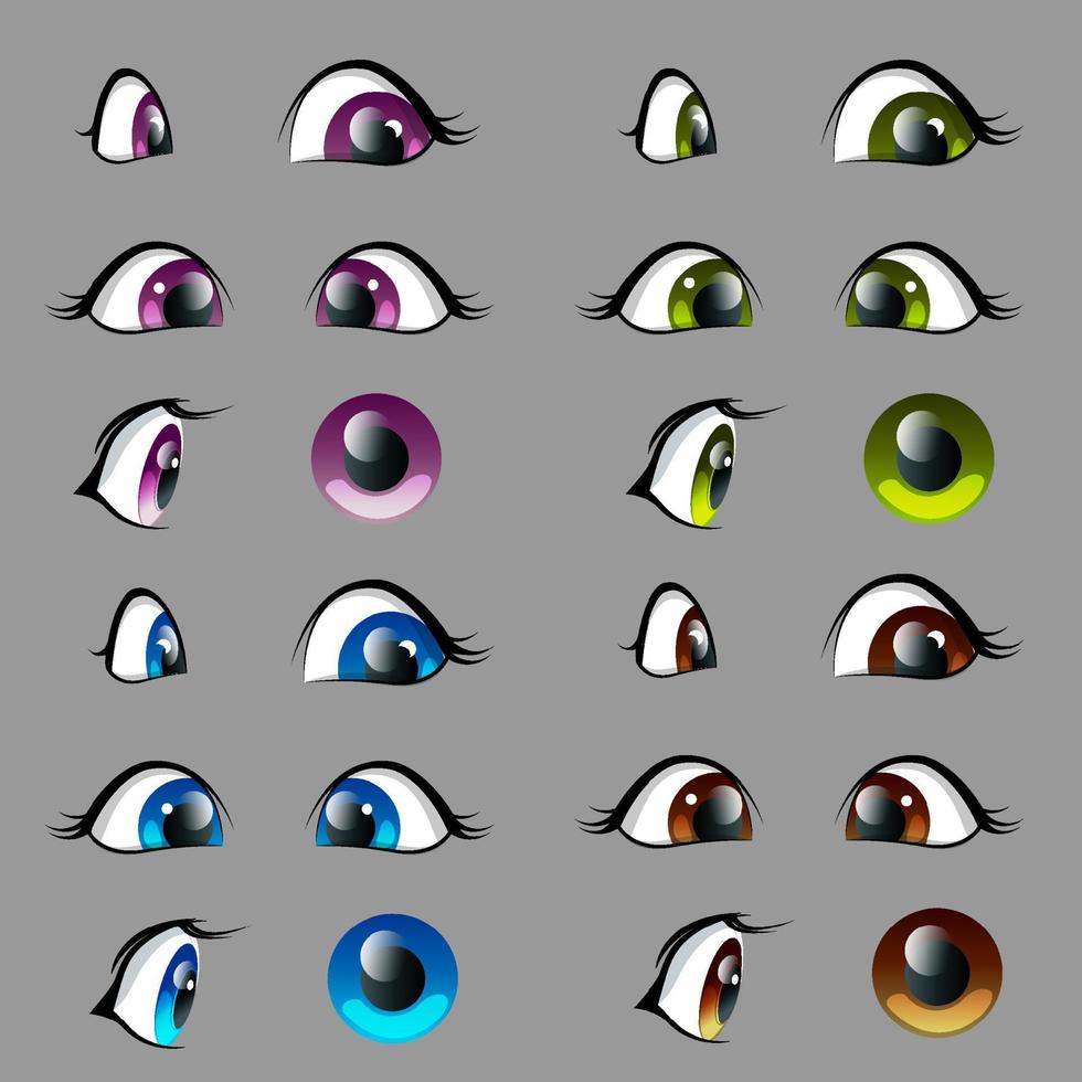 Set of cartoon character anime eyes at different angles of blue, green, purple, brown colors. Vector illustration of female, baby eyes isolated from the background.