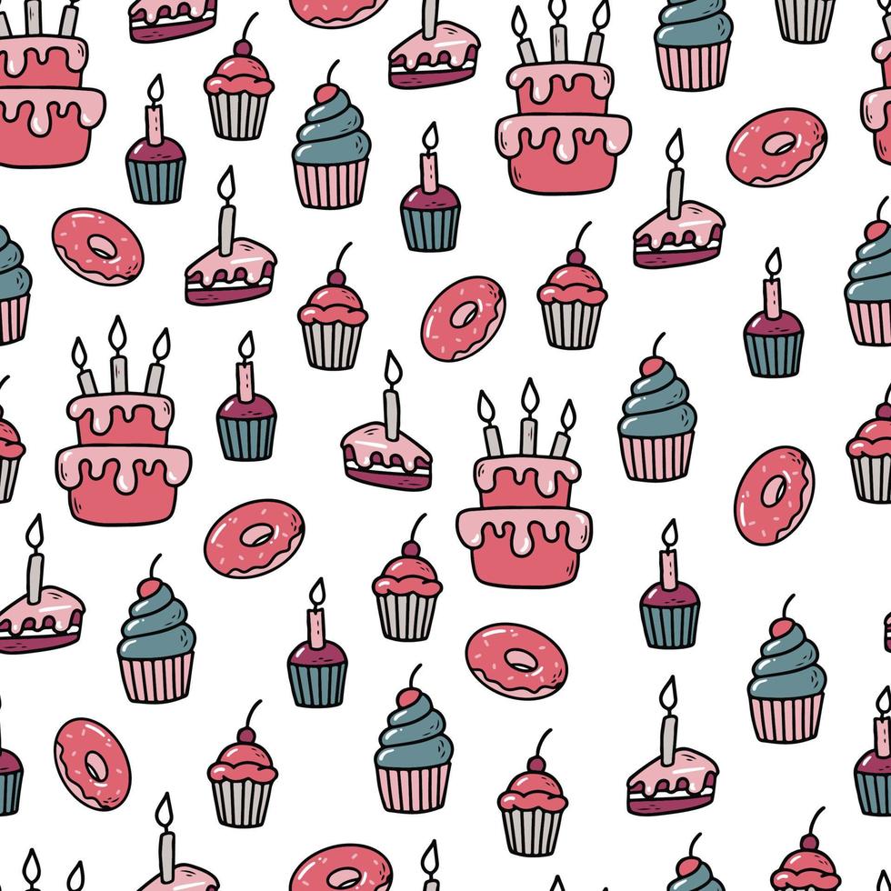 Birthday seamless pattern with hand drawn muffins and cakes for wrapping paper, stationary, scrapbooking, textile prints, wallpaper, etc. EPS 10 vector