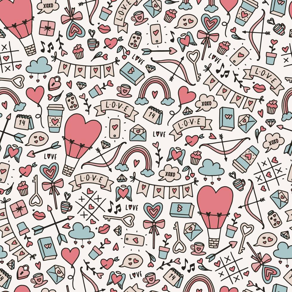 seamless pattern for the Valentine's day in cartoon and doodle style. Good for prints, wrapping paper, textile and fabric design, wallpaper, etc. EPS 10 vector