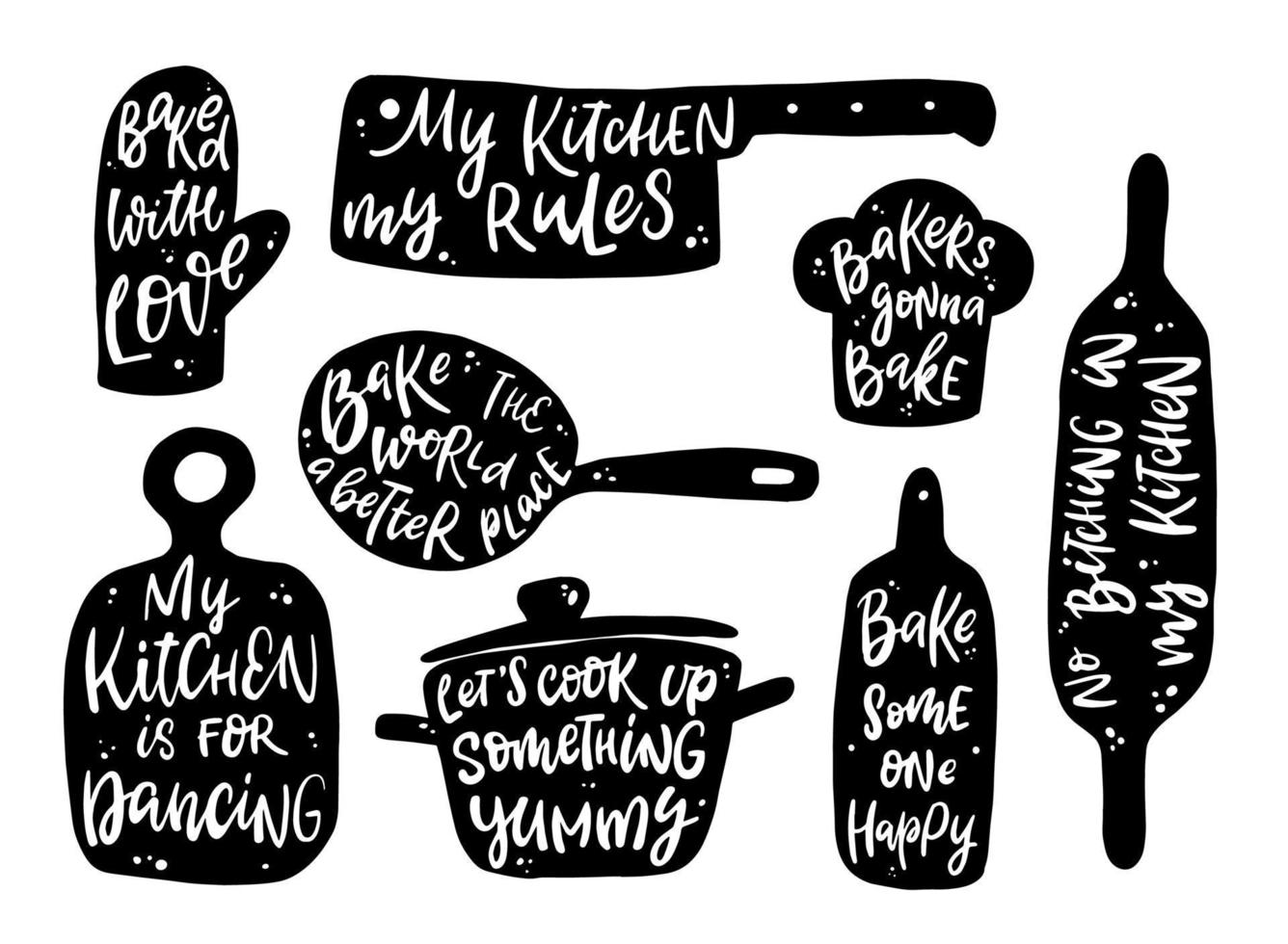 set of hand lettering quotes for kitchen and cooking.Good for stickers, posters, prints, cards, wall art, textile decor. 'My kitchen my rules', 'Baked with love', 'Bakers gonna bake', etc. EPS 10 vector