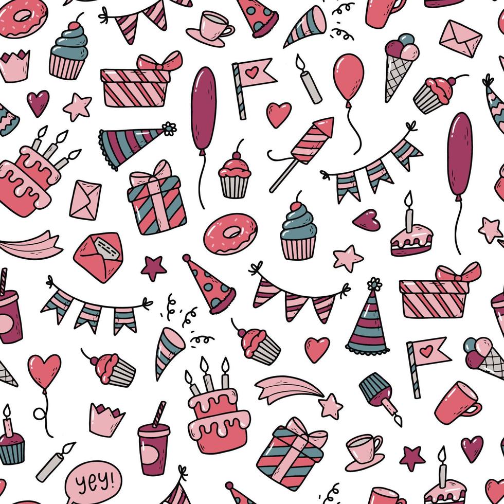 creative happy birthday seamless pattern with hand drawn doodles on white background for wrapping paper, prints, cards, presents, textile and fabric, etc. vector