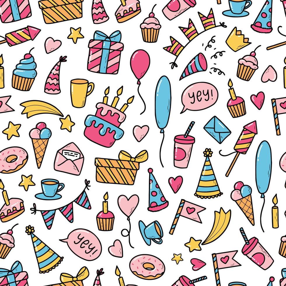 Happy Birthday seamless pattern with hand drawn doodles for present wrapping paper, wallpaper, textile prints, scrapbooking, stationary, etc. EPS 10 vector