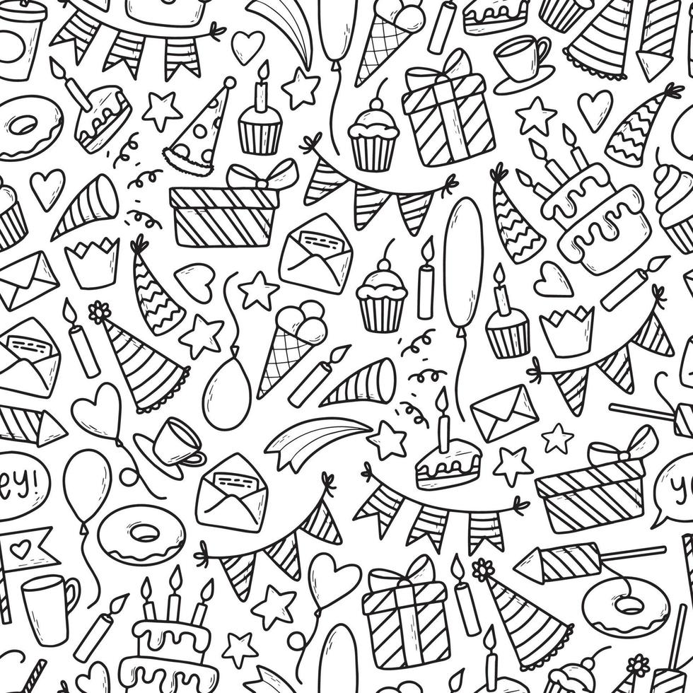 monochrome birthday pattern with cute hand drawn doodles. Perfect for prints, wrapping paper, wallpaper, backgrounds, coloring pages, textile, scrapbooking, etc. EPS 10 vector