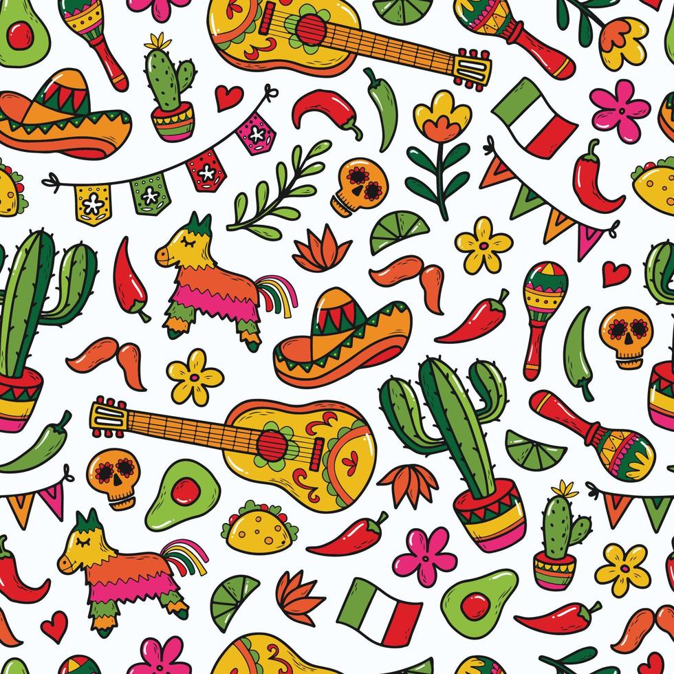 Cinco de Mayo seamless pattern with Mexican hand drawn doodles for wrapping paper, prints, cards, backgrounds, scrapbooking, stationary, wallpaper, etc. EPS 10 vector