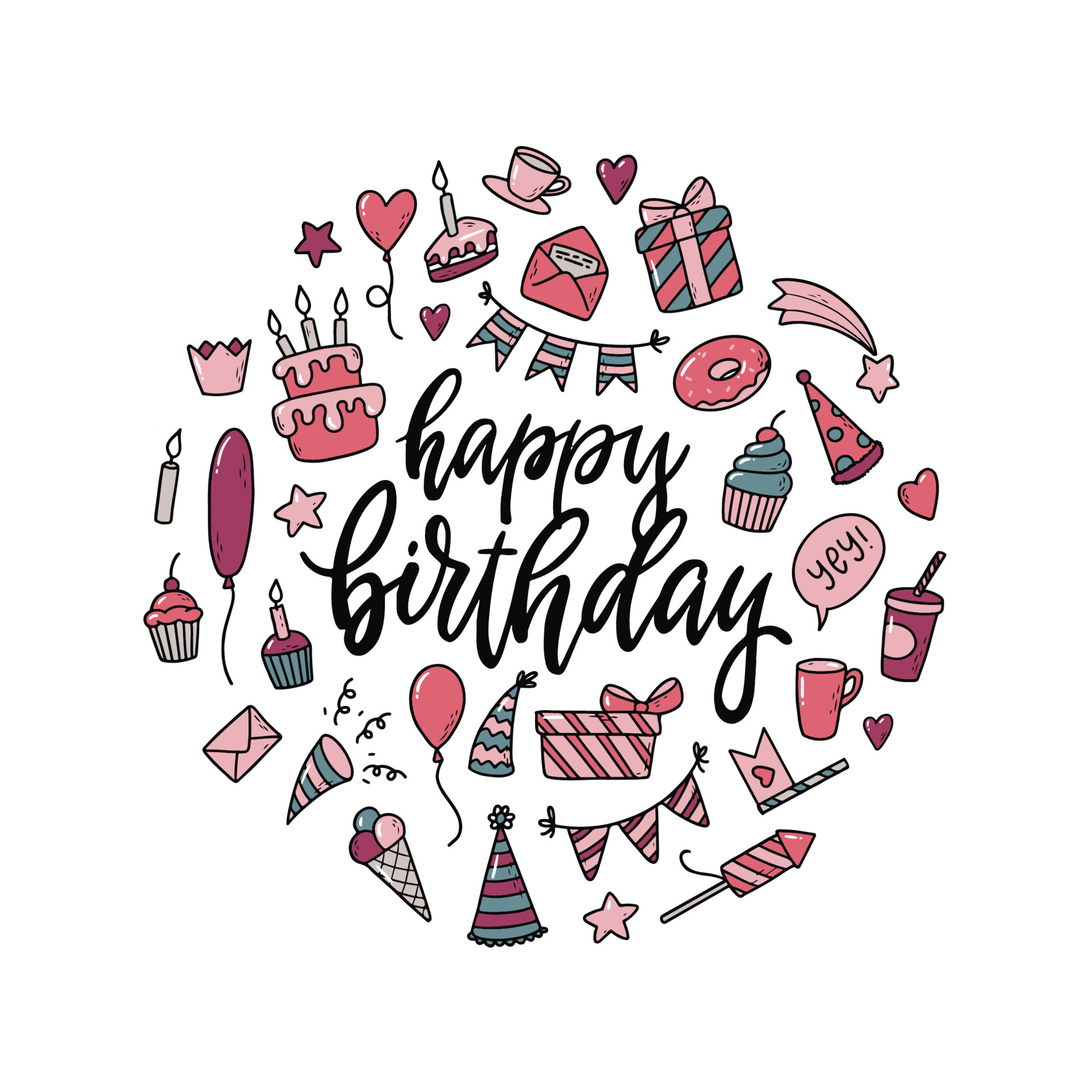 cute hand lettering quote \'Happy Birthday\' decorated with doodles ...