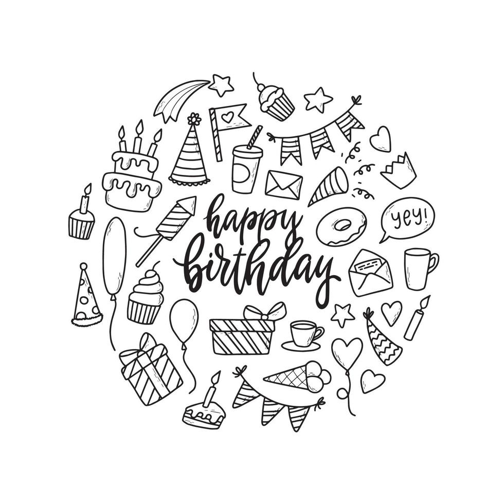 conjunto de garabatos de cumpleaños esbozados y cotización de letras para impresiones, tarjetas, pegatinas, páginas para colorear, letreros, logotipos, iconos, decoración de invitaciones, etc. vector