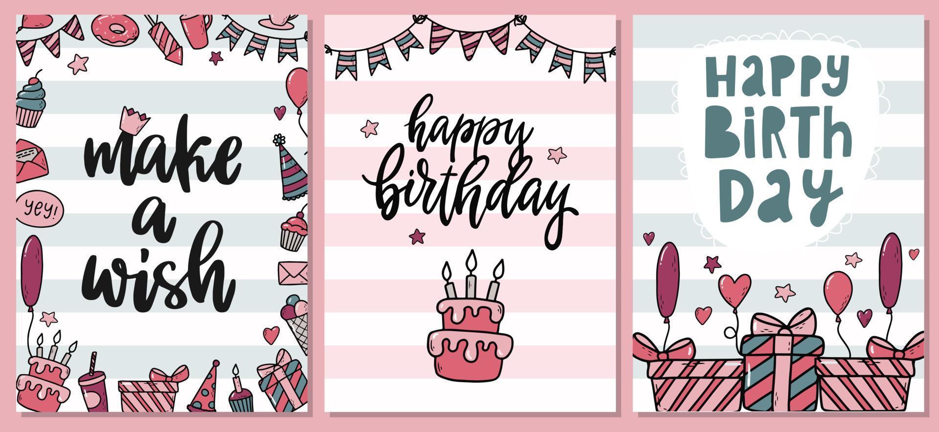 set of cute Happy Birthday greeting cards, posters, prints decorated with lettering quotes and hand drawn doodles. Cartoon style, children theme. EPS 10 vector