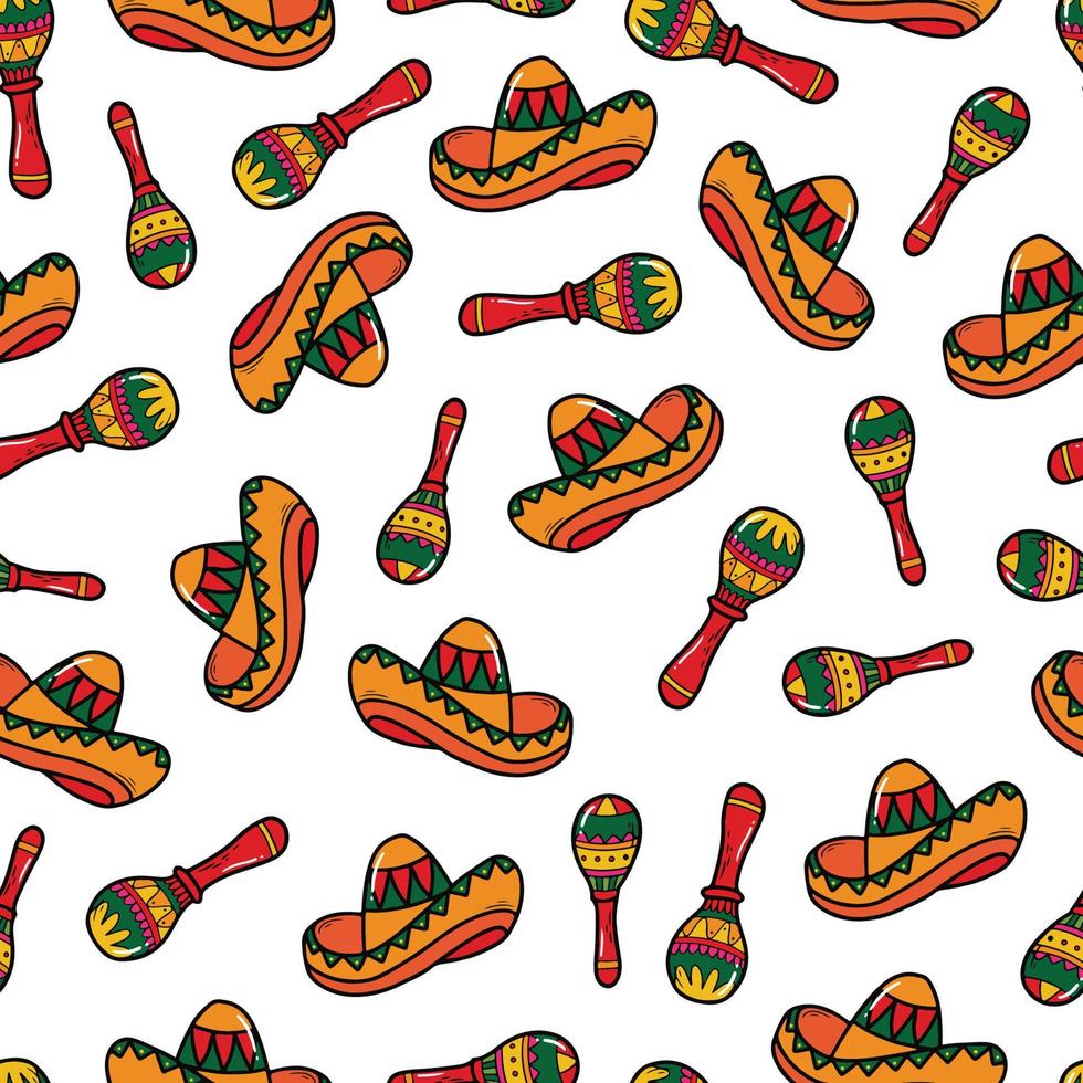 Cinco de Mayo seamless pattern with Mexican hand drawn doodles for wrapping paper, prints, cards, backgrounds, scrapbooking, stationary, wallpaper, etc. EPS 10 vector