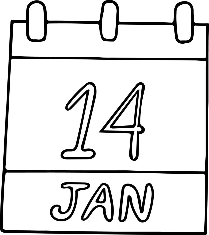 calendario dibujado a mano en estilo doodle. 14 de enero día, fecha. icono, elemento adhesivo para el diseño. planificación, vacaciones de negocios vector