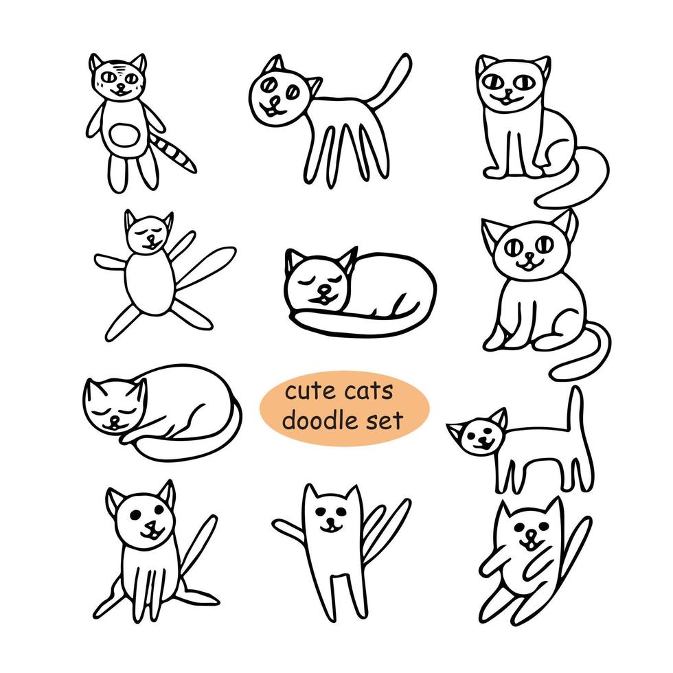 Cute cats hand drawn in doodle style. Set of elements for design card, sticker, poster, icon. funny, animals, pets, kittens vector