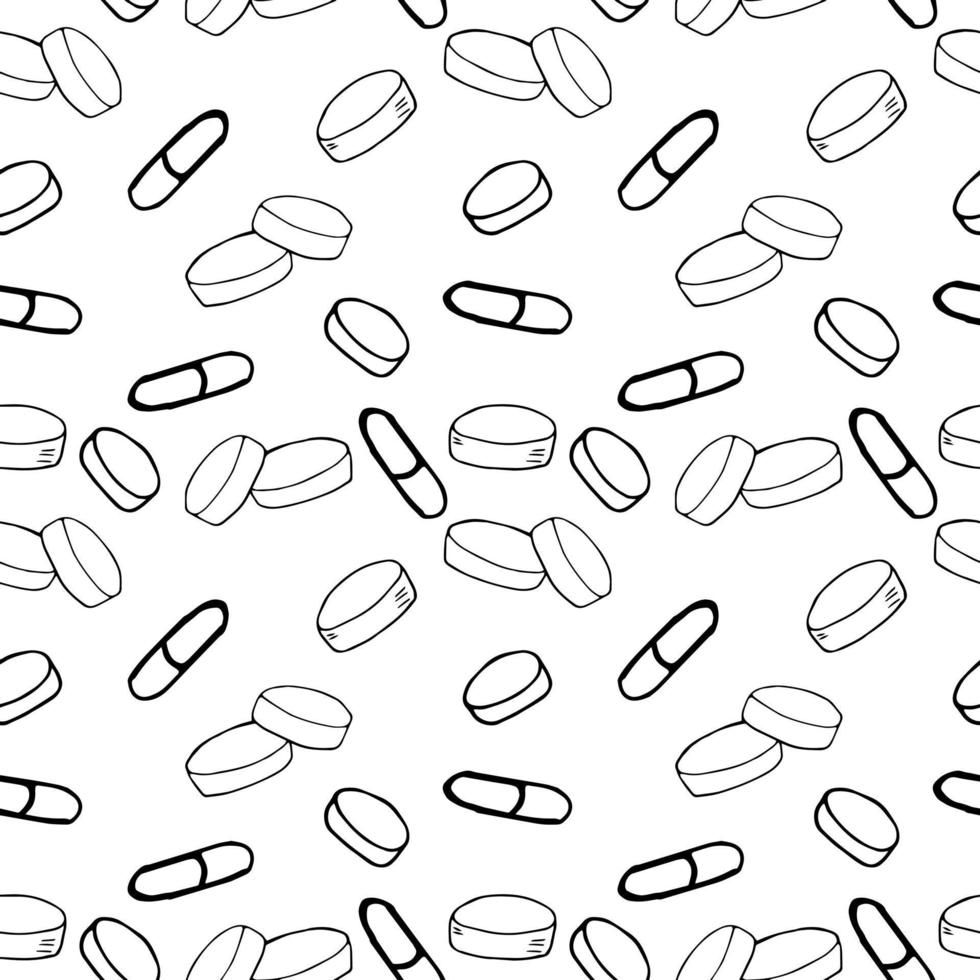 pastillas y cápsulas de fondo transparente, papel tapiz, papel. bosquejo dibujado a mano doodle. minimalismo monocromático. medicina, salud, tratamiento, vitaminas, medicamentos vector