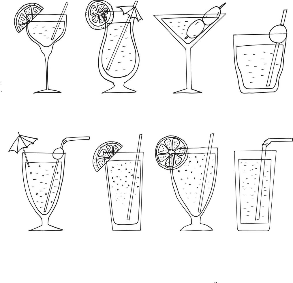 conjunto de cócteles icono. estilo de dibujo dibujado a mano. , minimalismo, monocromo. bebida alcohólica, bar, menú, restaurante colección café jugo verano limonada vector