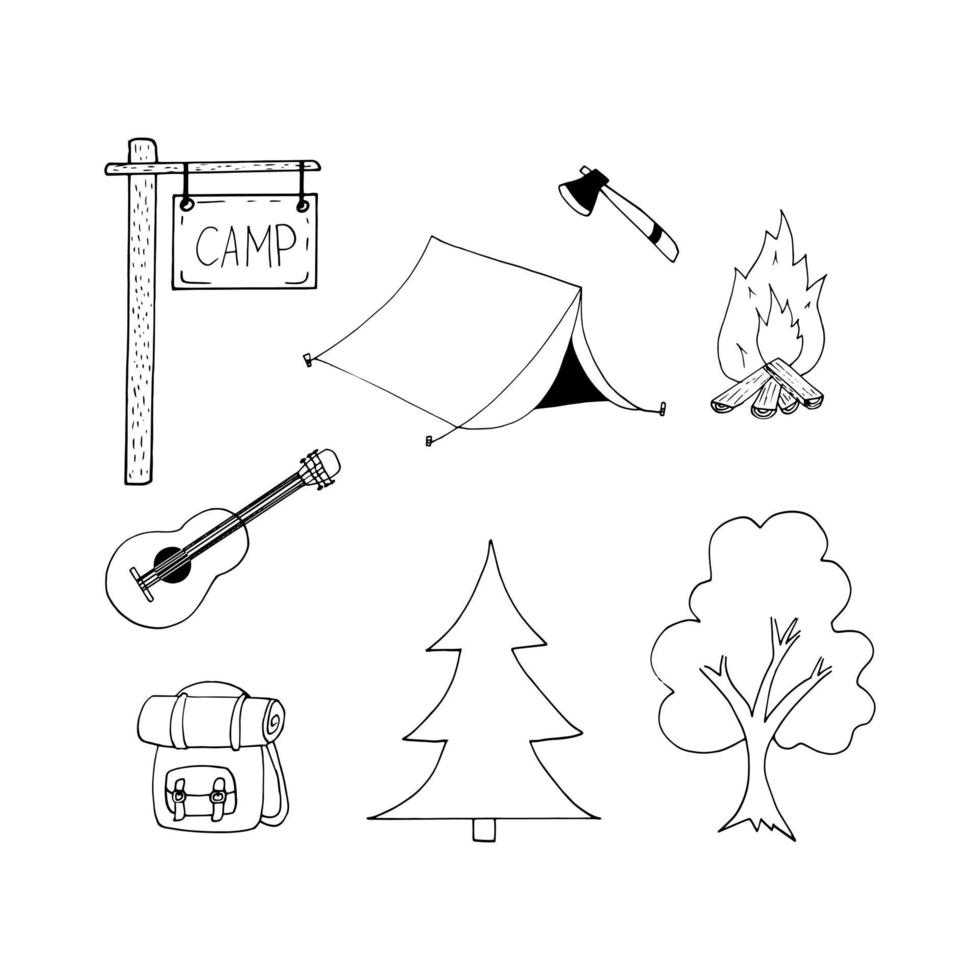 icono de conjunto de campamento. doodle dibujado a mano. , escandinavo, nórdico minimalismo monocromo mochila de caminata vector