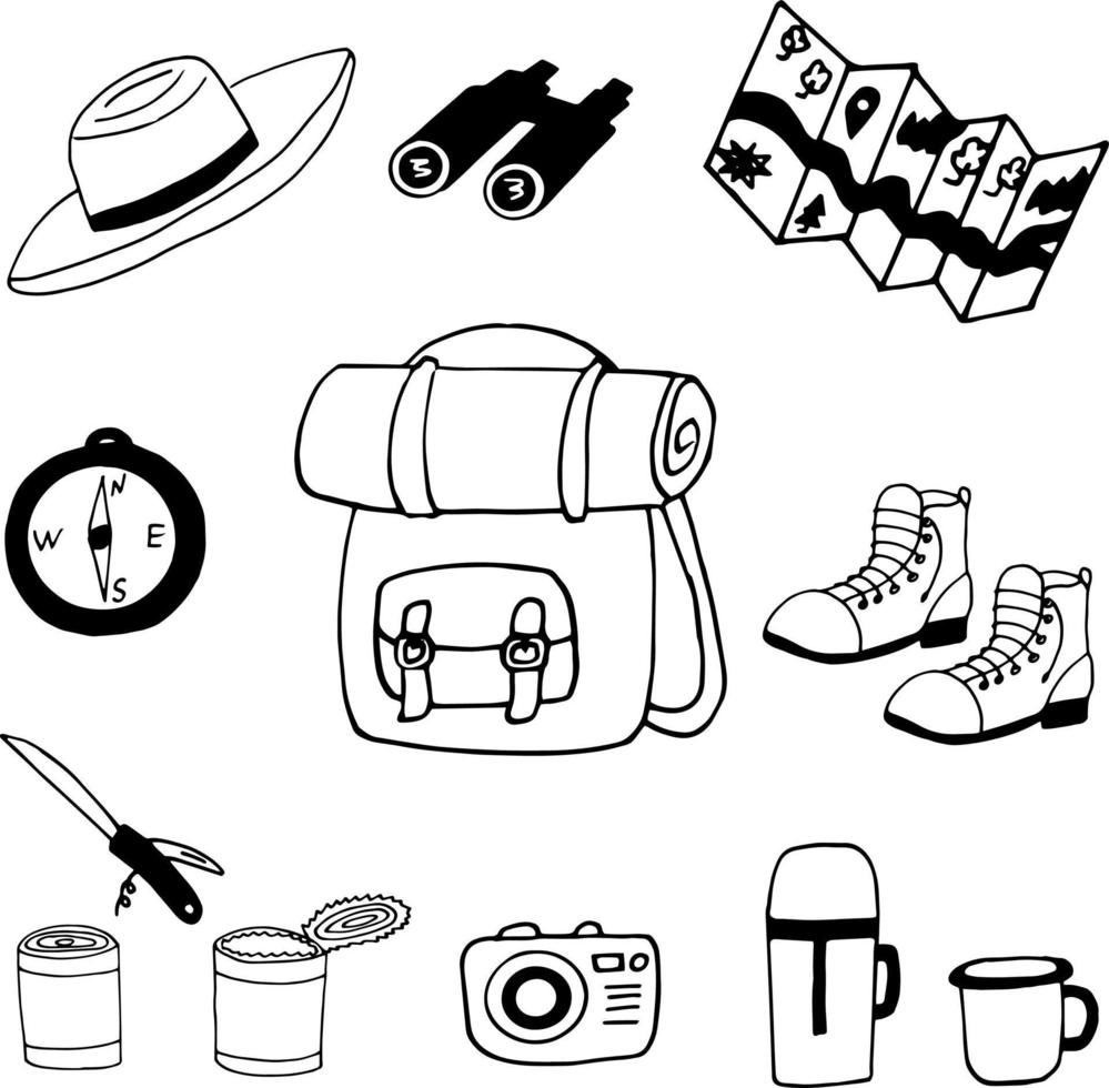 icono de conjunto de campamento. doodle dibujado a mano. , escandinavo, nórdico, minimalismo, monocromo, caminata, mapa, binoculares, comida enlatada, mochila vector