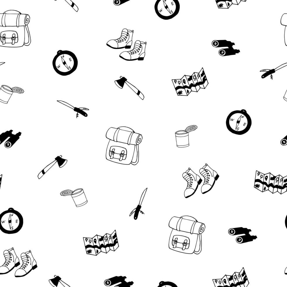 campamento de patrones sin fisuras. doodle dibujado a mano. , escandinavo, nórdico, minimalismo, monocromo. caminata mochila de comida enlatada. papel pintado textil fondo papel de regalo vector