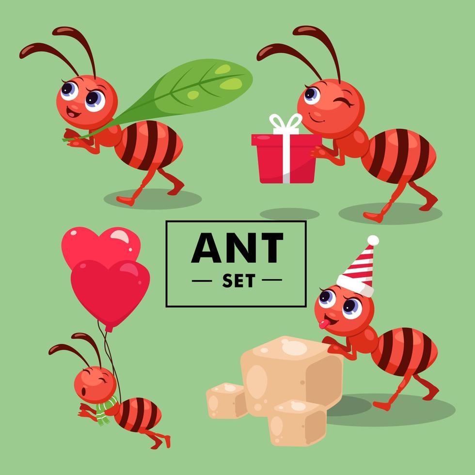 Ant carry leaves, gifts, sugar and balloons cartoon set design illustration vector