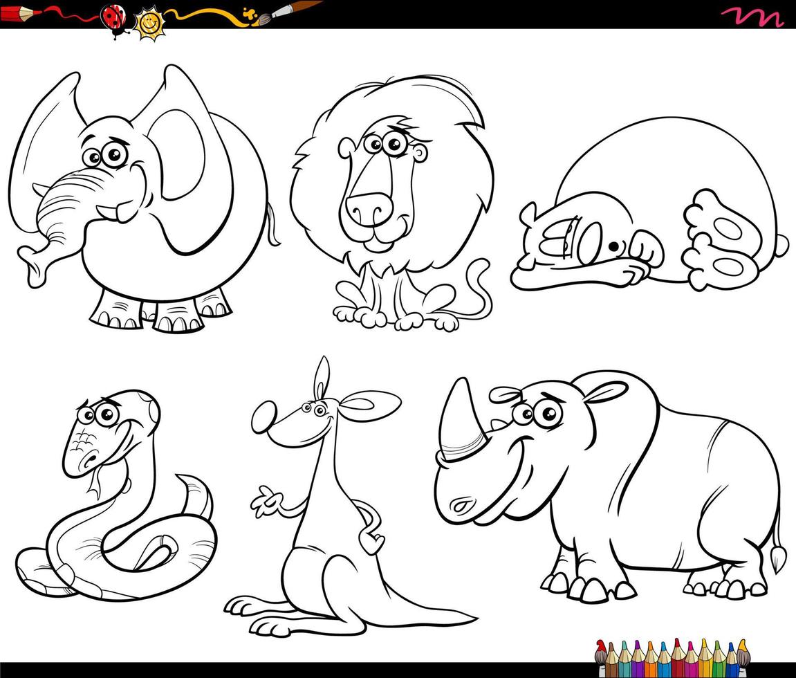 cartoon wild animals characters set coloring book page vector