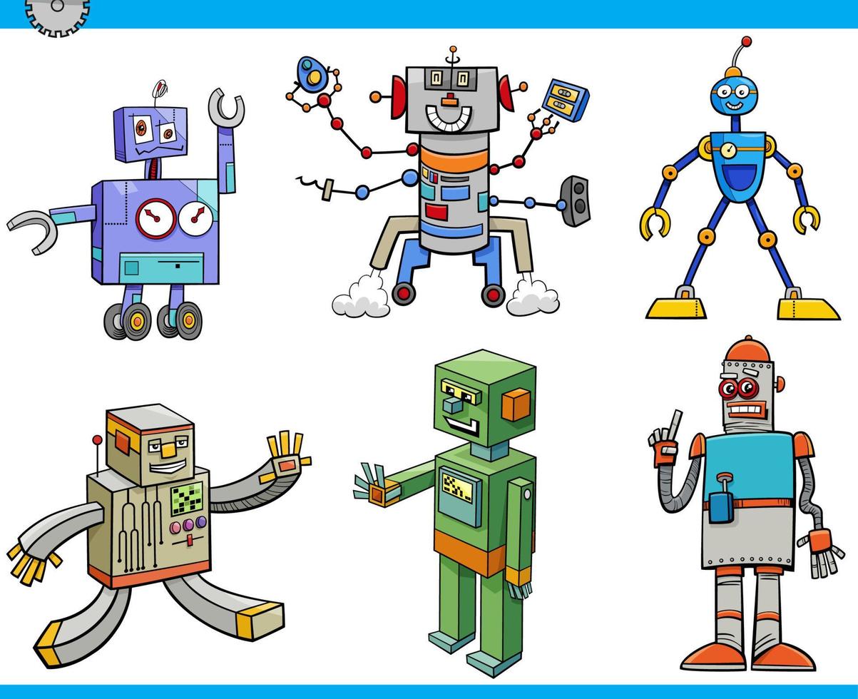 funny robots and droids cartoon characters set vector