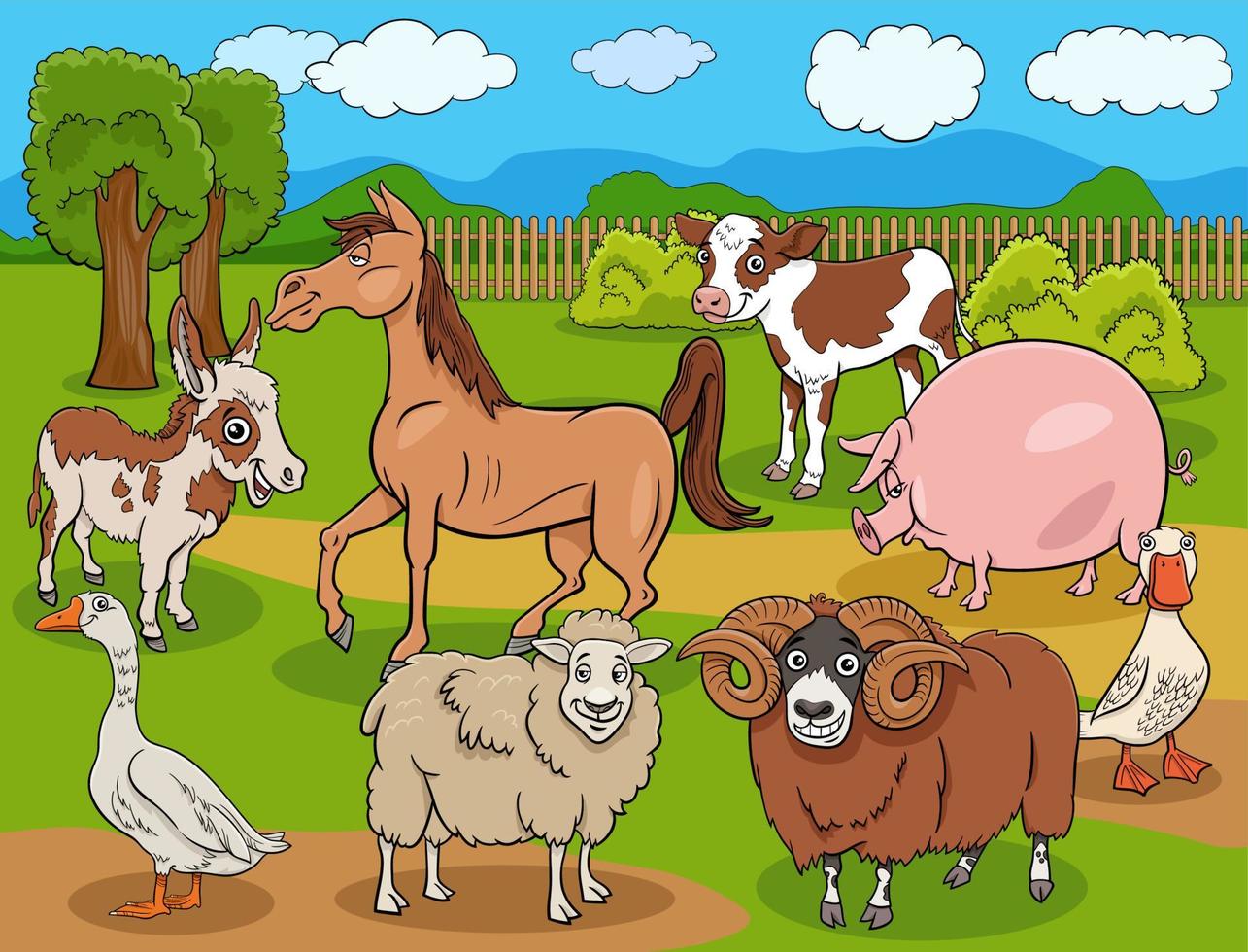 Grupo de personajes de cómic de dibujos animados de animales de granja divertidos vector