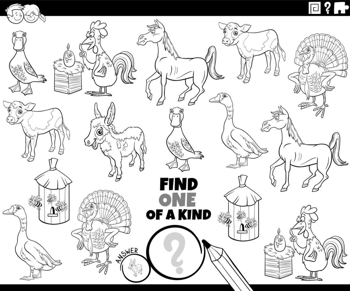 one of a kind game with funny farm animals coloring book page vector