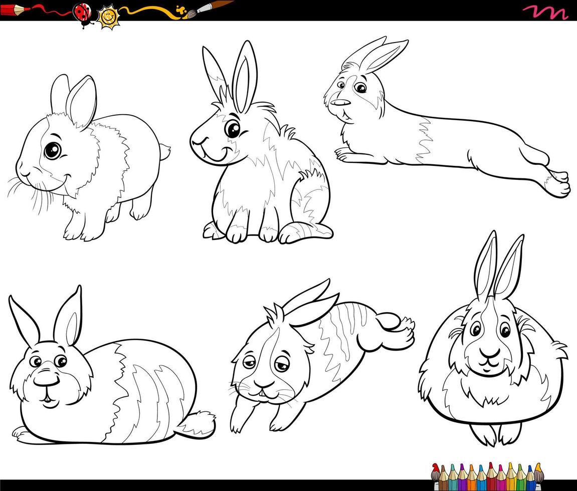 Personajes de conejos en miniatura de dibujos animados establecer página de libro para colorear vector