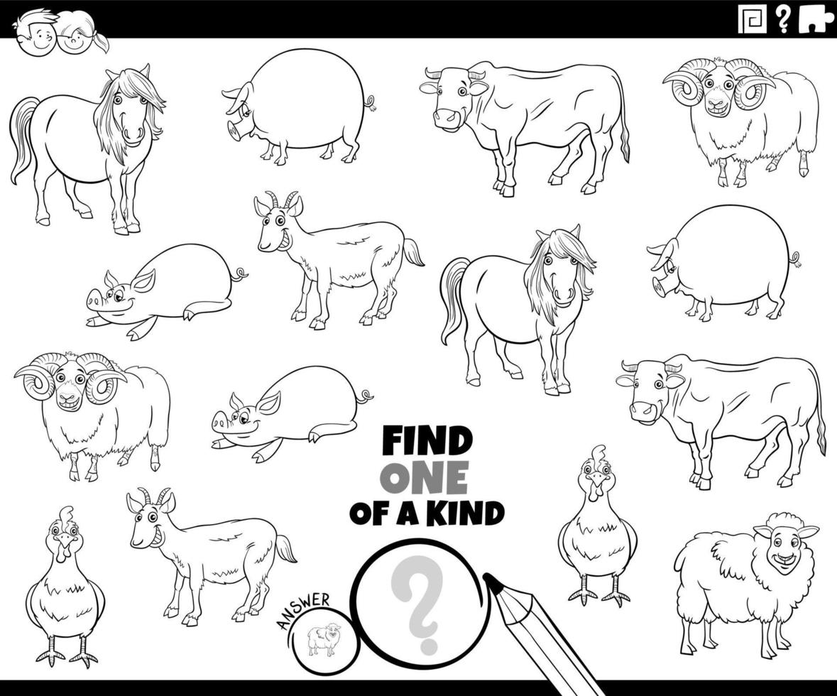 tarea única con divertidos animales de granja página de libro para colorear vector