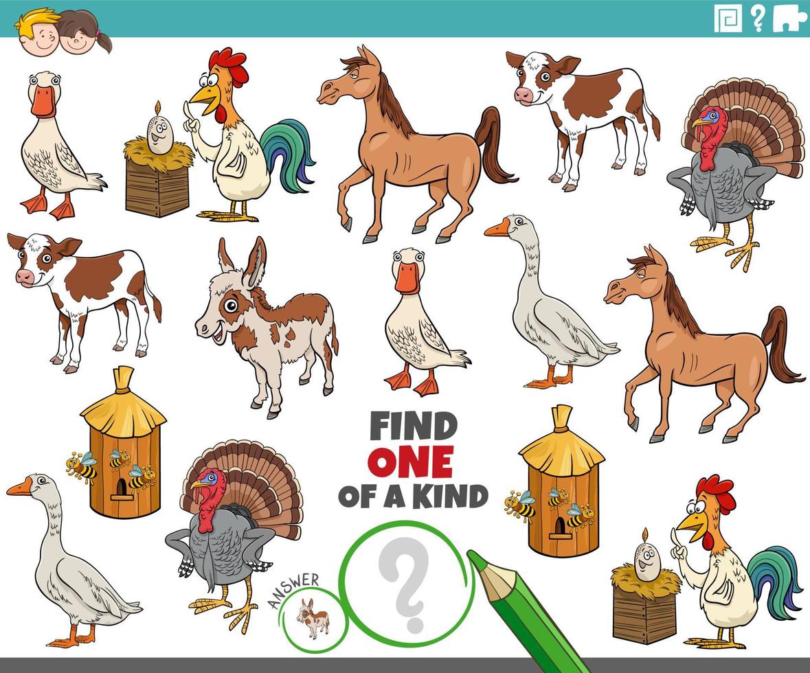 one of a kind game for children with cartoon farm animals vector