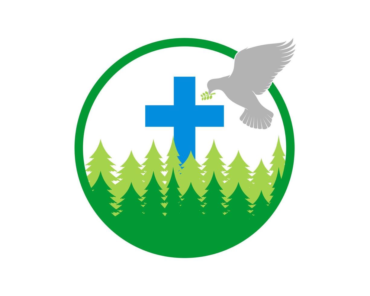 Forest with cross and flying dove vector