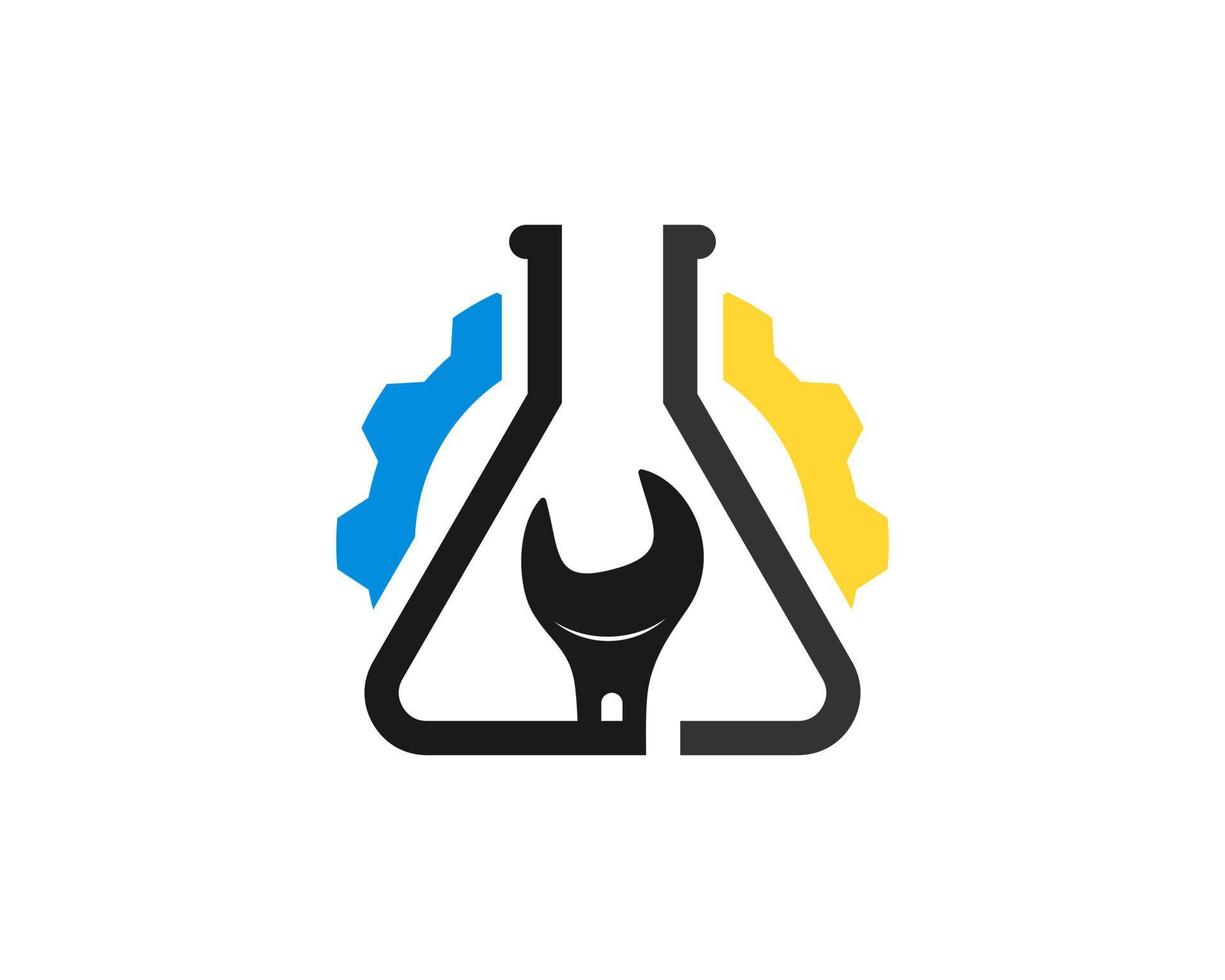 Laboratorio de botella triangular con engranaje y llave de reparación en el interior vector