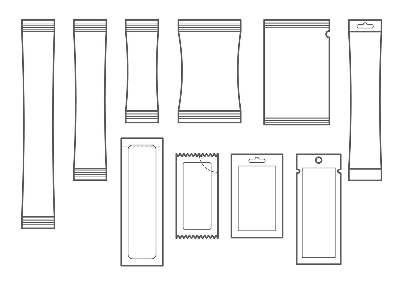 Set of sachet icons. Stick packaging template for sugar, pepper, souse, medicine, tissue and food. Vector