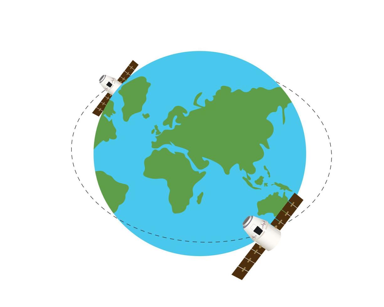 Satellites flying above Earth isolated on the white background. Orbit for satellites. Vector illustration