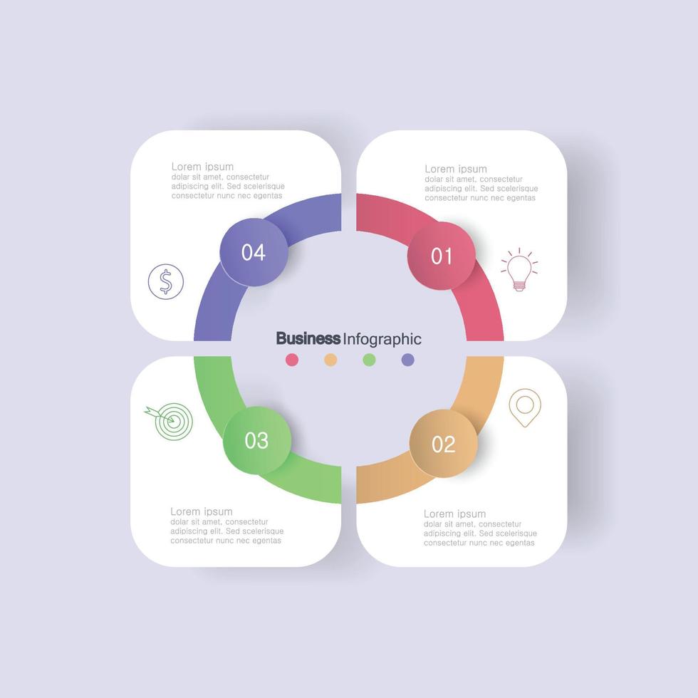 four circle elements with paper icons and place for text to circle white paper. The concept of 4 business development features. Infographic design template. Vector illustration.