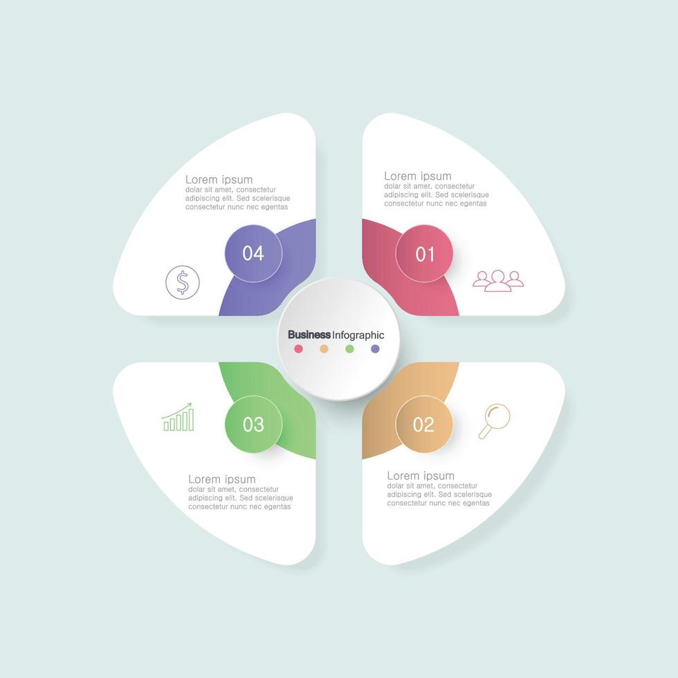 four circle elements with paper icons and place for text to circle white paper. The concept of 4 business development features. Infographic design template. Vector illustration.