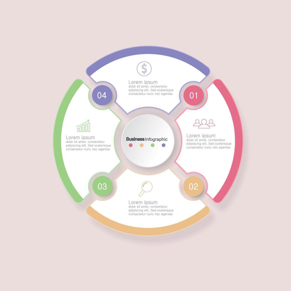 four circle elements with paper icons and place for text to circle white paper. The concept of 4 business development features. Infographic design template. Vector illustration.