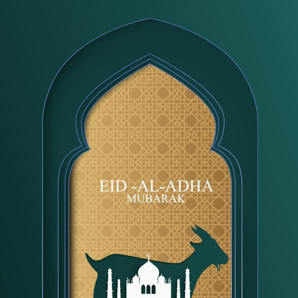 Eid greeting card with cute sheep, moon, lanterns and stars. Vector