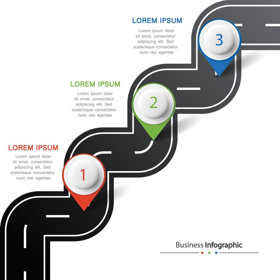 infografía de carretera de vector con puntero de pin. plantilla de línea de tiempo con 3 marcadores en una línea de carretera curva.