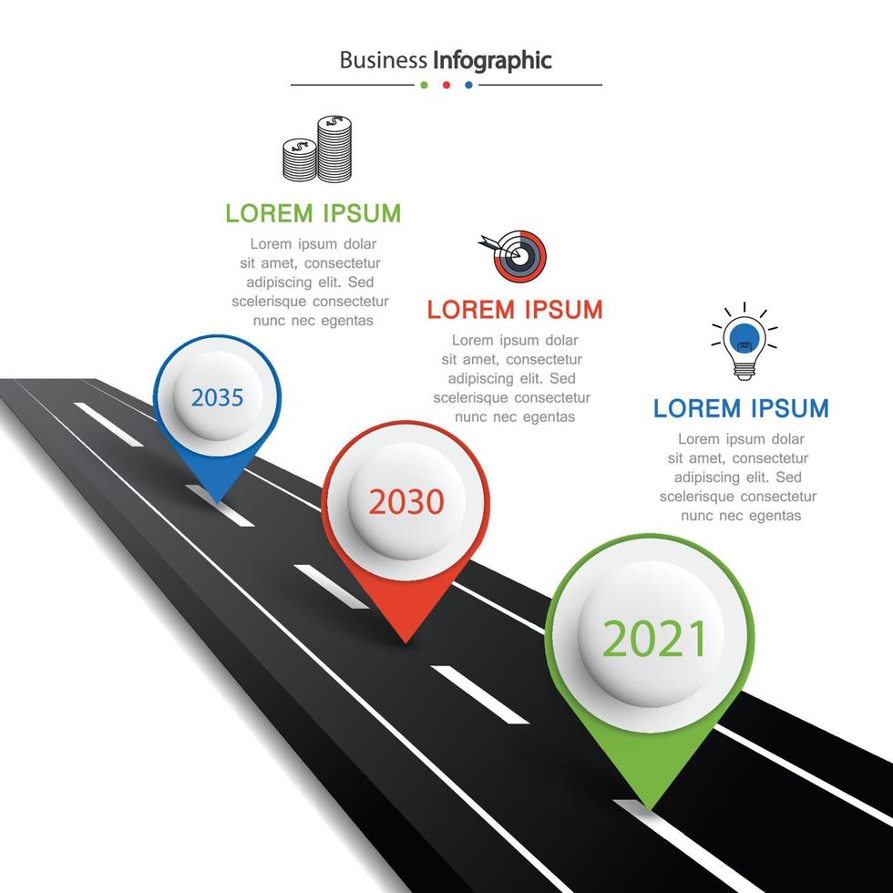 infografía de carretera de vector con puntero de pin. plantilla de línea de tiempo con 3 marcadores en una línea de carretera curva.