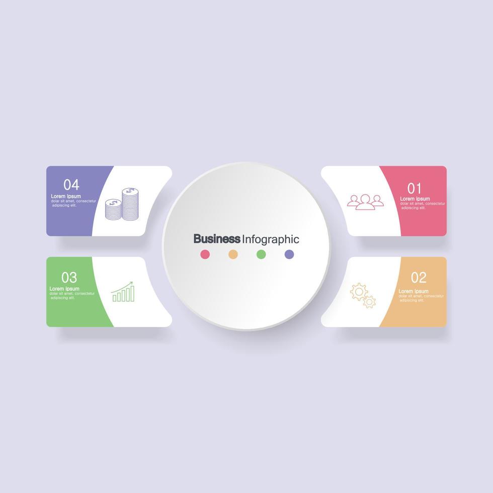 cuatro elementos circulares con iconos de papel y lugar para que el texto circule el papel blanco. el concepto de 4 características de desarrollo empresarial. plantilla de diseño infográfico. ilustración vectorial. vector