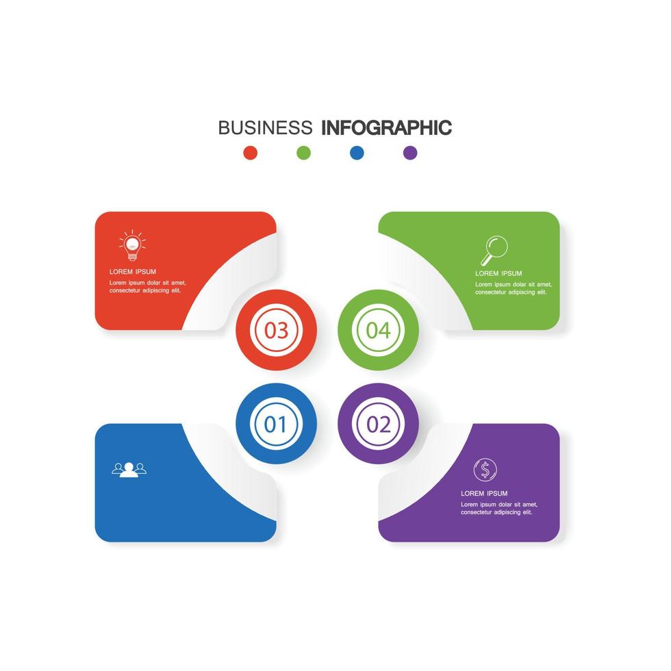 cuatro elementos con un icono de papel y un lugar para que el texto sea un papel circular blanco. el concepto 6 incluye el desarrollo empresarial. plantilla de diseño infográfico. ilustración vectorial. vector