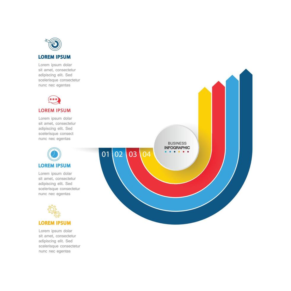 four elements with a paper icon and a place for the text to be a white circle paper. Concept 6 features business development. Infographic design template. Vector illustration.